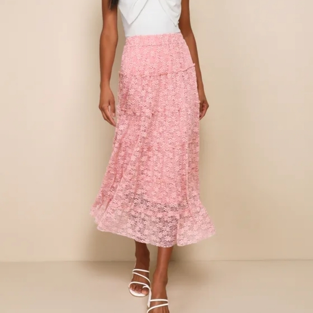 Lulus Easily the Sweetest Mauve Pink Lace Tiered High-Rise Midi Skirt XS